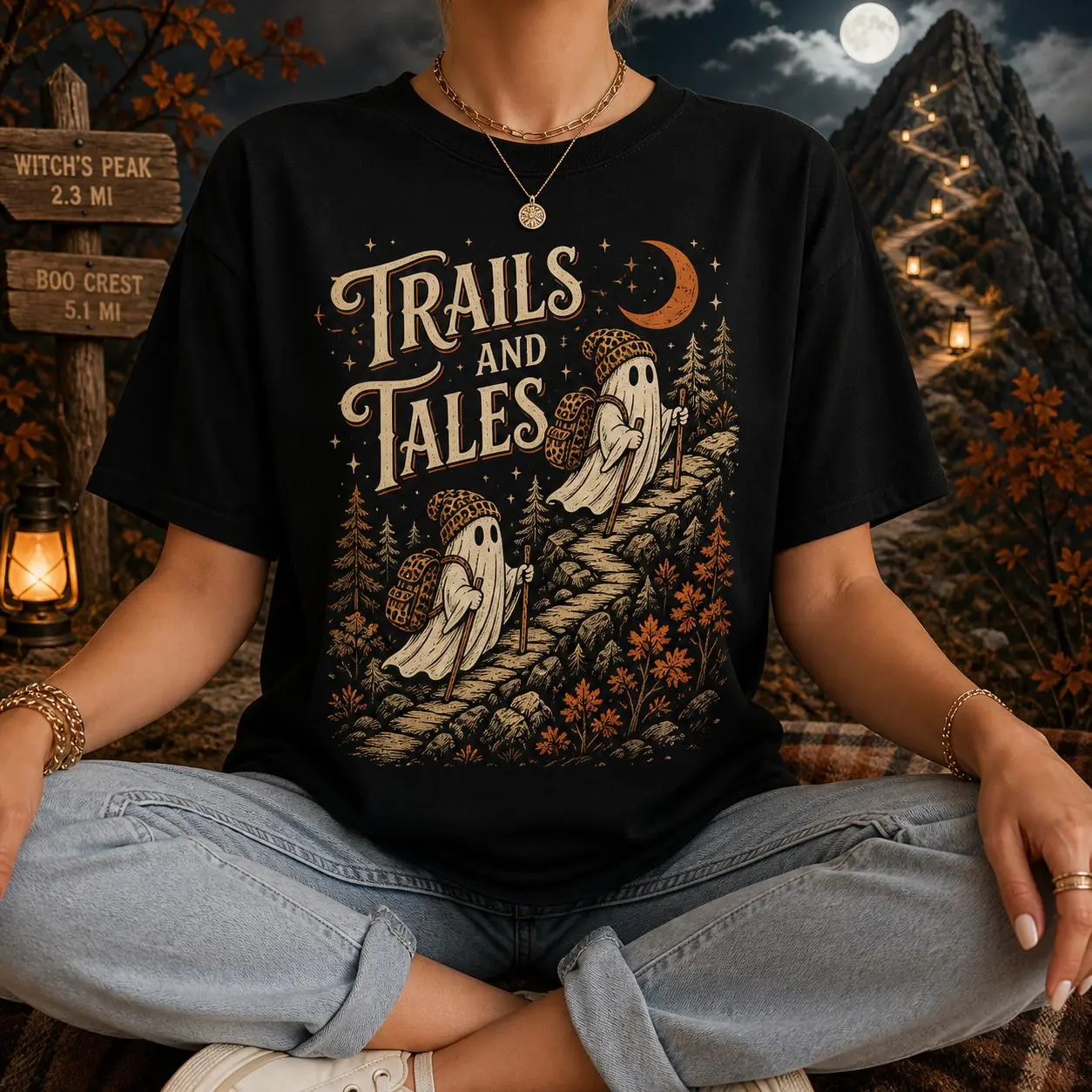 Hiking Ghost Halloween Tee Trails and Tales Mountain Adventure Shirt for Women