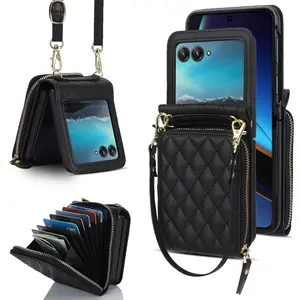 For Moto Razr Women's Wallet Phone Case Protector with Lanyard, Cellphone Casing, Smartphone Accessories, Small Leather Purse Credit Card Slot, Durable Anti-Slip Protective Full Cover, Fits Motorola Razr Ultra Series Gift