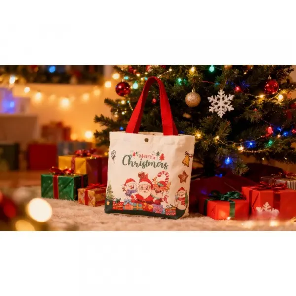 1 Pack Christmas Canvas Tote Bag - Santa, Snowman, Reindeer, Gingerbread Man Graphic Design, Snap Button, Casual Home Supplies Storage Organiser, Holiday Gift Shopping Bag for Xmas Party Daily Outdoor Use, High-Capacity, Large Size, Mini Christmas Tree, S