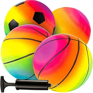 Mini Rainbow Sports Balls - 5 Inch (Pack of 4) Inflatable Vinyl Balls for Kids and Toddlers with Hand Air Pump, Basketball, Volleyball, Soccer for Playground, Indoor and Outdoor