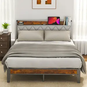 Bed Frame with Headboard,Spacious Underbed Storage,Integrated Charging Station,Durable Squeak-Free Frame,Simple No-Tool Assembly,Works with Full Mattress No Box Spring Required