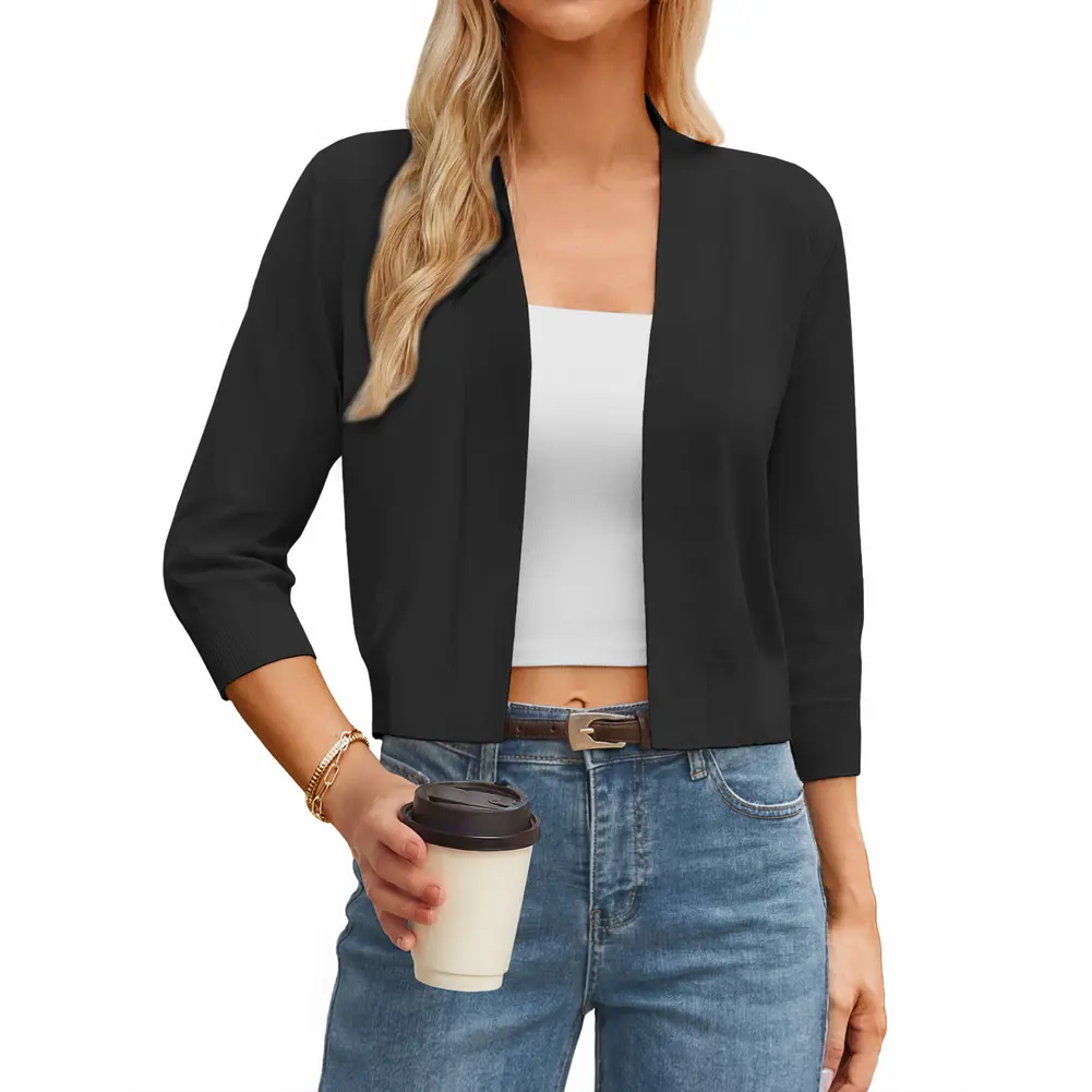 Grace Karin Women's Fitted 3/4 Sleeve Open-Front Cropped Knitwear, Basic Lady's Casual Black Women's Clothes