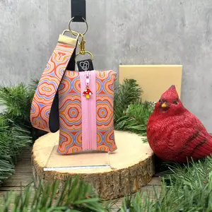 Groovy Pink Pop Art Pouch with Mushroom Charm, Psychedelic print art pouch and Keyfob wristlet, Pink Pouch Lanyard, Key Fob Lanyard,