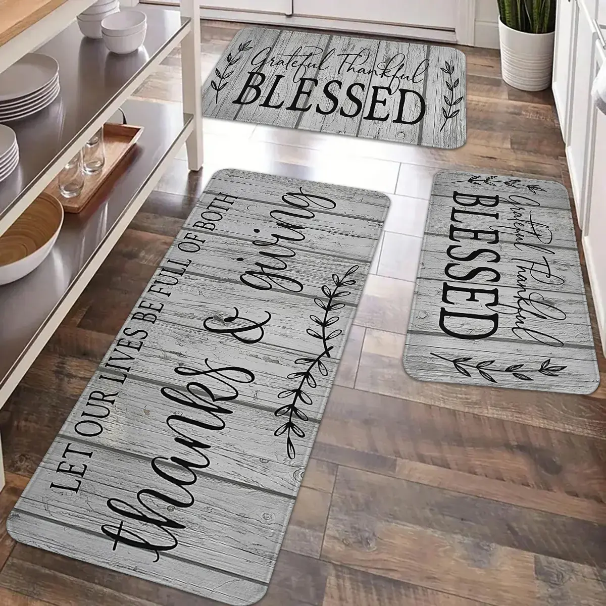 Kitchen Anti slip Carpet Floor Mat Set, Retro Wooden Printed Kitchen Anti fatigue Floor Mat, Soft and Comfortable Flannel Anti slip Kitchen Floor Mat, Suitable for Kitchen, Laundry Room, Bathroom, Living Room, Room Decoration Floor Mat