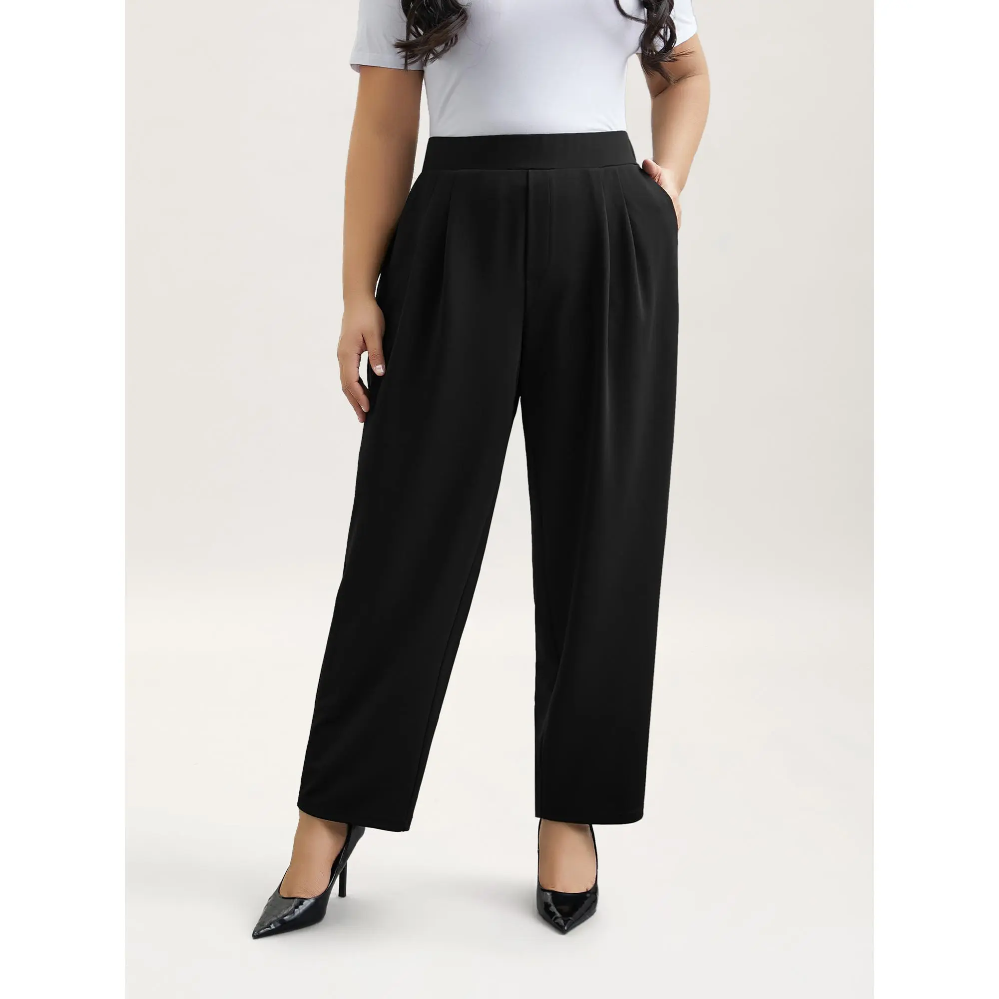 BloomChic Plus Size Women's Pull-on Office Trousers, Straight Leg Style with Contrast Side Stripe and Pockets, Lightweight Smooth Spandex Fabric, Bottoms, Business Casual Pants, Office Pants, Polyester Blend, Contrast Stripe