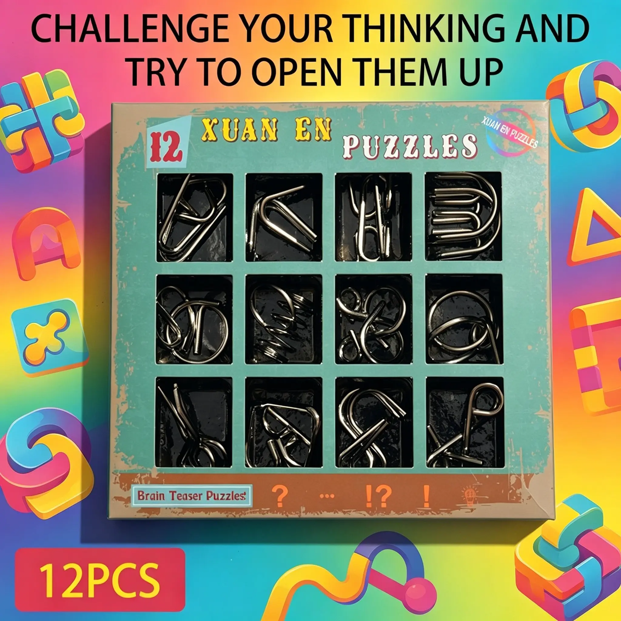 12-Piece Brain Teaser Puzzle Set, Metal Puzzles, Logic & Focus Training Toy, Fun Stress Relief Game, Ideal for Adults & Kids, Enhances Intelligence