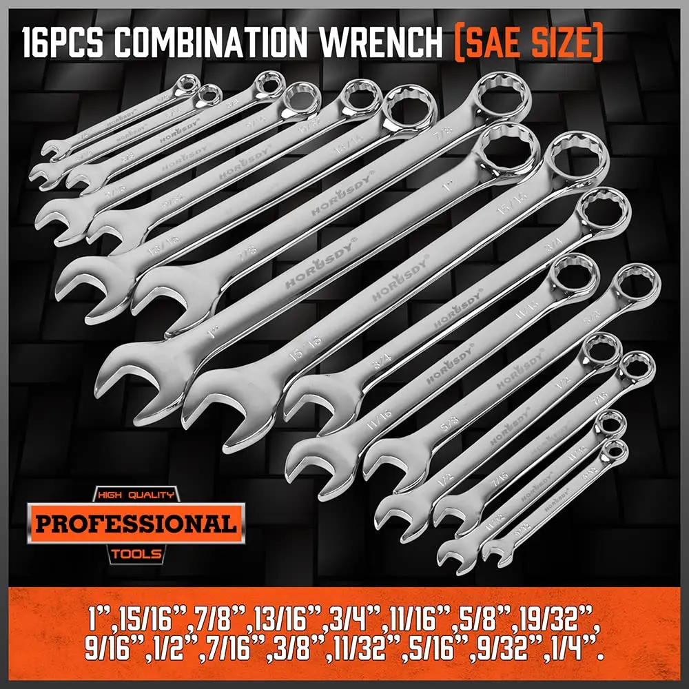 HORUSDY 32-Piece Heavy Duty Combination Wrench Set - CR-V Spanners & Wrenches, 12-Point Chrome Vanadium Steel Hand Tools, 32pc Size Coverage (1/4"-1"/7mm-22mm SAE/Metric), Great for Home Repair Jobs, Hard Case Included, Multifunctional Wrench Set