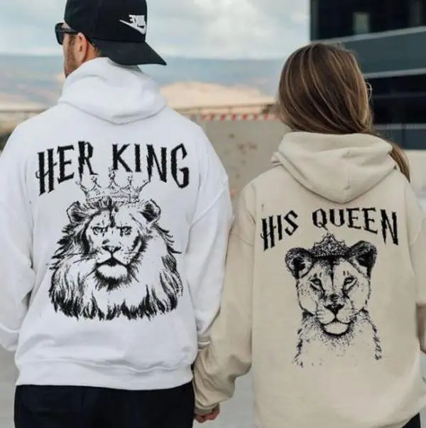 Gifts For Couple Her King His Queen Hoodie Lion Couple Graphic Hoodie Casual Streetwear Fleece Fabric Pullover Hooded Sweatshirt Trendy Halloween Tops Collection for Women for Men, Perfect Gift