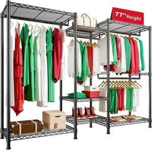 Raybee 77" Height Heavy Duty Clothing Rack Holds 750 LBS, Portable Closet Wardrobe Rack with Shelves & Hanging Rods, Height Adjustable Metal Wire Garment Clothes Rack, 77" H x 70.5" W x 13.8" D, Black,White, Pink
