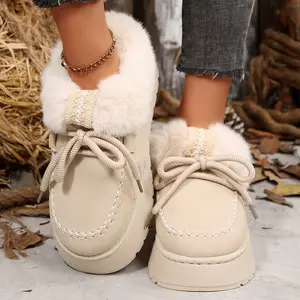 Women's Stylish Platform Slippers Plush Trim Lace - up Warm Mini Snow Boots for Daily Wear Indoor Outdoor Shoes