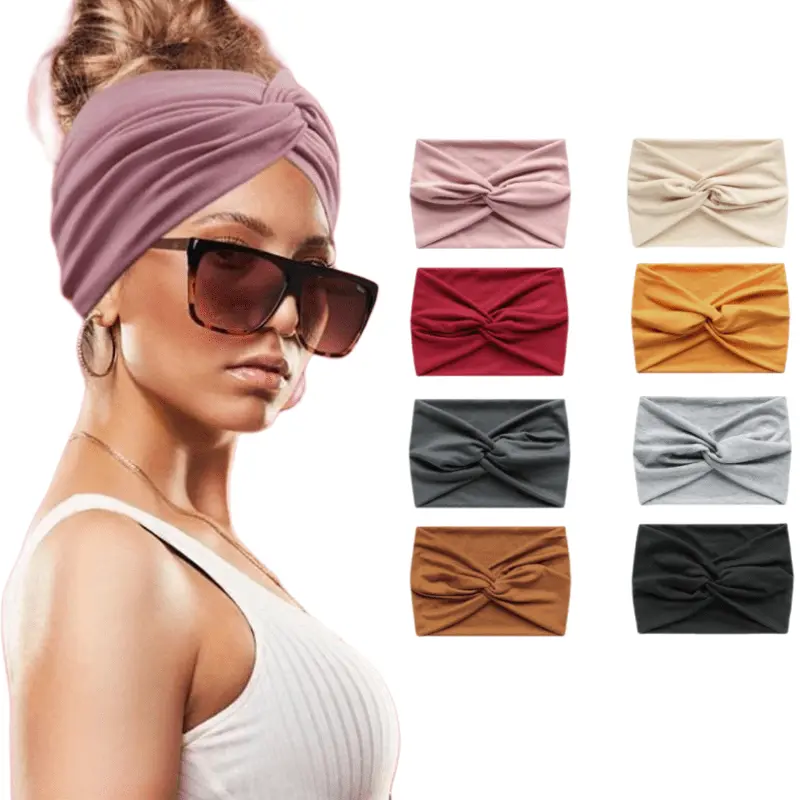 Women's 8-Pack Knotted Criss-Cross Knit Fashion Headbands, Soft Breathable Sweat-Managing Fabric, Non-Slip Solid Assorted Colors for Yoga, 8pcs Mix Accessories Kit Headbands for Diverse Hair Tones, Practical Self-Care Gift