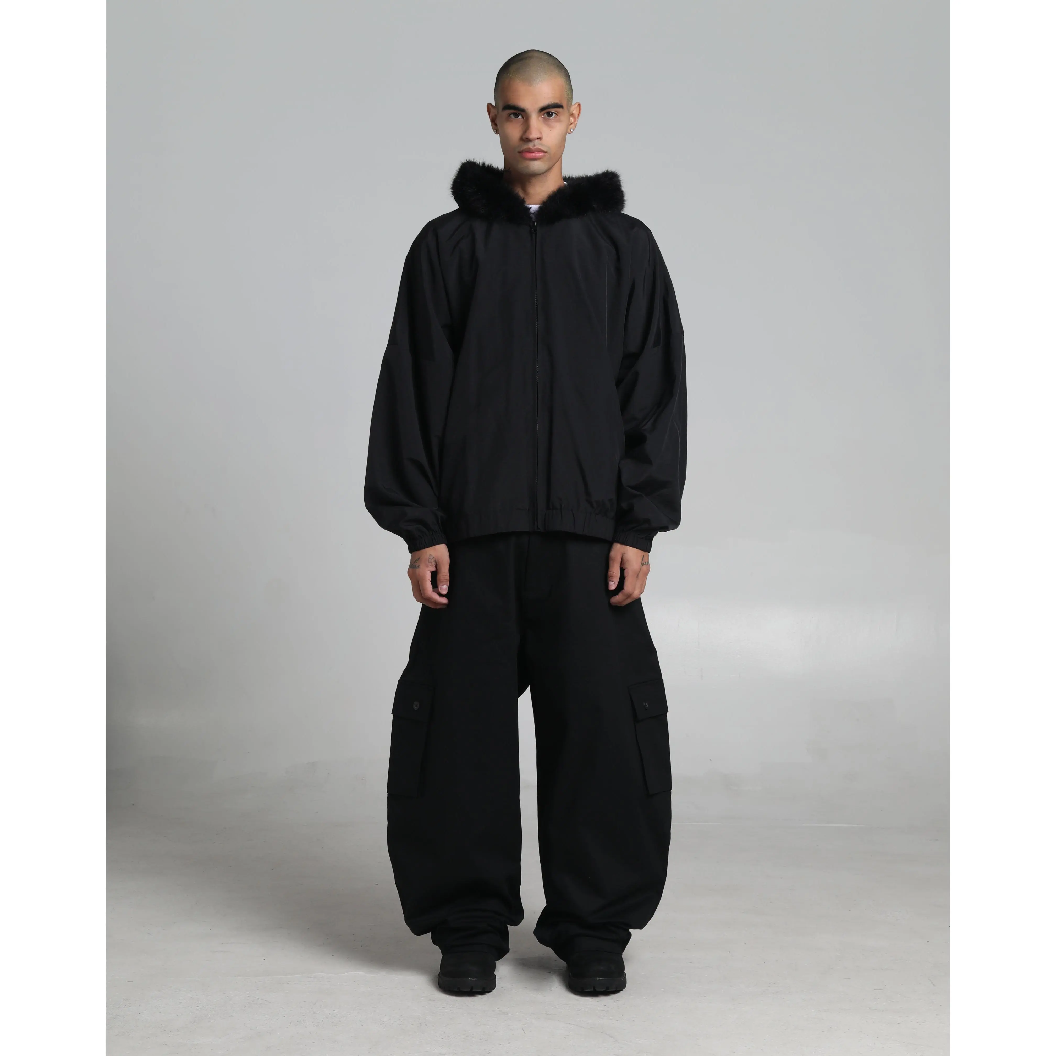 Fur Hooded Nylon Track Jacket
