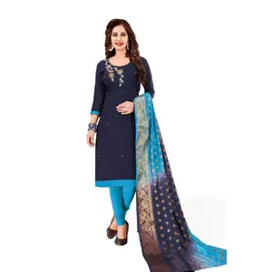 Gozen Women's Slub Cotton Salwar Material with Embroidery (Navy Blue) - 2 Meters Top, 2 Meters Bottom, 2.20 Meters Dupatta