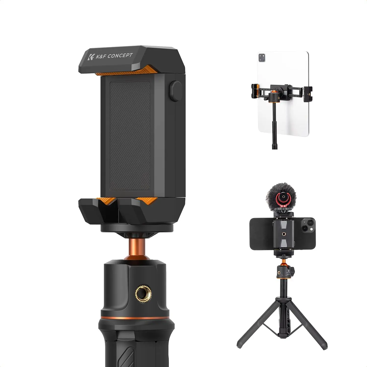 K&F CONCEPT Compact Cellphone & Tablet Tripod Clamp Mount Adapter Holder, 6-22cm Adjustable Clamp, Cold Shoe, Portable Size Black Accessory for iPhone 15/14/13/12 Pro Max, iPad Mini/Air/Pro, Surface, Samsung Tab 7.0 Series