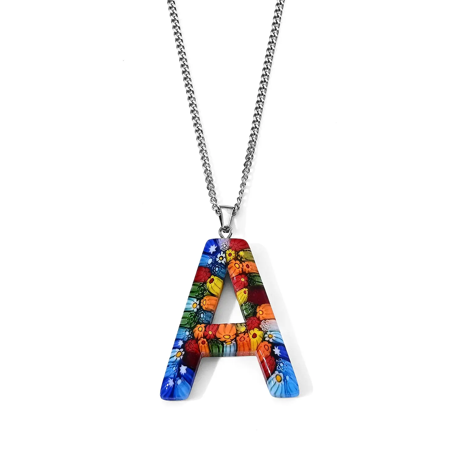 Multi Murano Style Initial A Pendant Necklace (20-22 Inches) in Stainless Steel