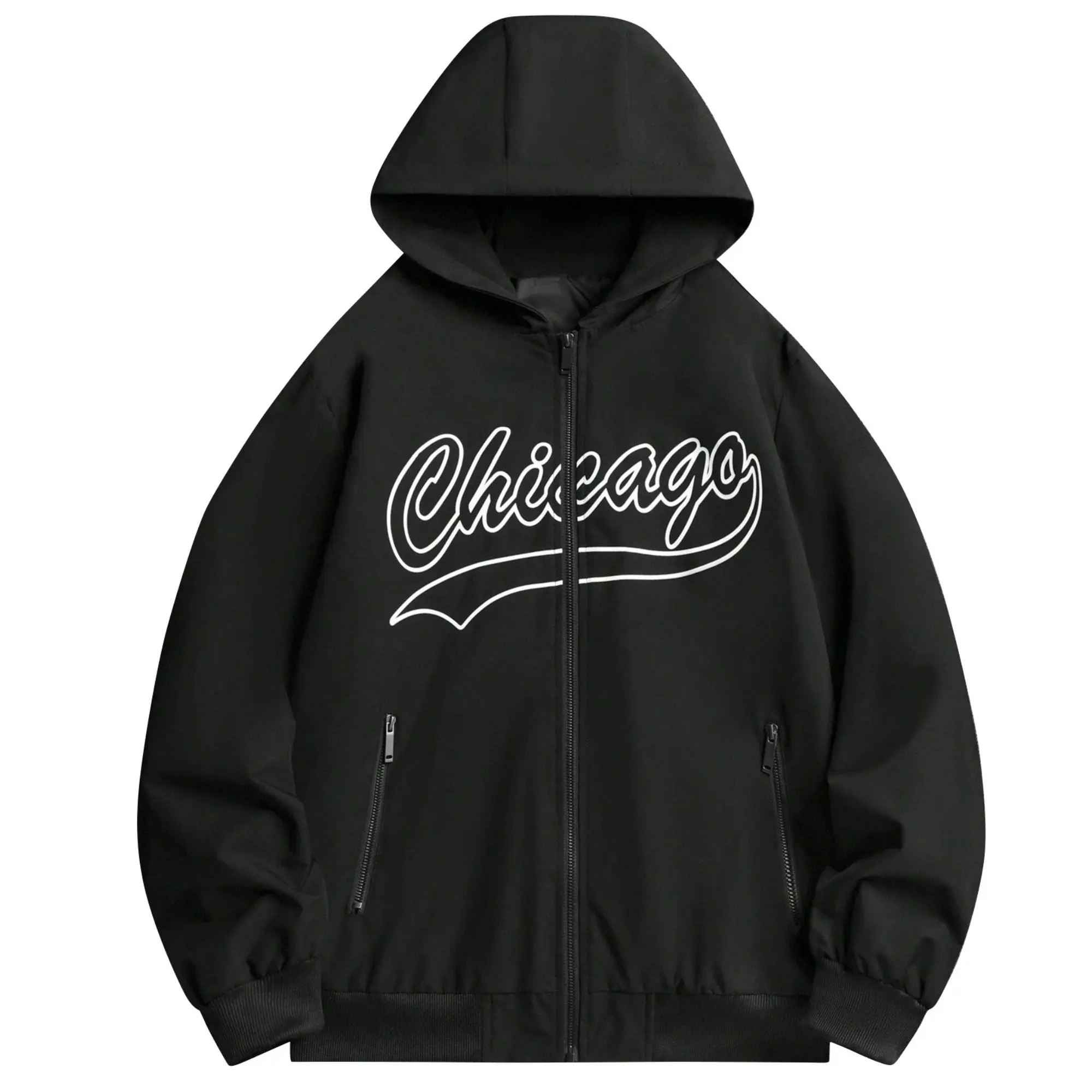 Men’s “Chicago” letter graphic hooded jacket with side zipper pockets and drawstring hood; loose casual windproof outerwear for spring/autumn sports tops