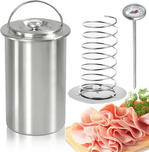 Stainless Steel Meat Press Mold for Deli Meats, Ham Maker Mold with Thermometer and Handle, Spring Mechanism, Sturdy Durable Meat Pump Machine for Homemade Lunch Delimeats, Sandwiches