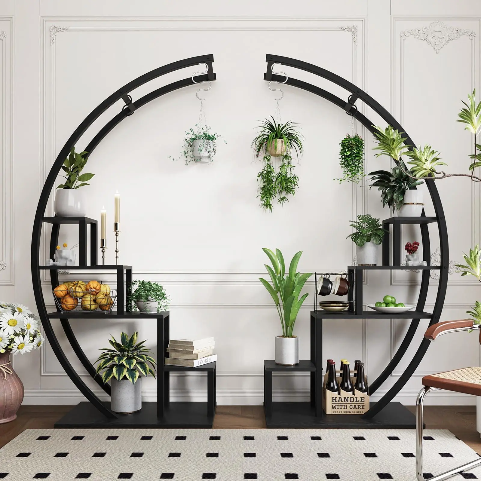 5 Tier Metal Plant Stand Indoor, 2 Pack Creative Half Moon Shape Ladder Flower Pot Stand Rack, Hanging Flower Display Shelf, for Home Patio Lawn Garden Balcony(Black)