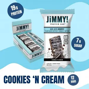 JiMMYBAR! Cookies 'n Cream Protein Bar - 19g Protein, 7g Sugar, Plant-Based Caffeine, Gluten-Free, 12 Count Box, High-Protein Peanut Chocolate Snack