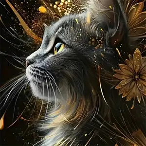 1pc 5D Diamond Painting Set, Diamond Embroidered Black Cat Animal Painting Diamond Mosaic DIY Painting Crafts, Full of Hand-made DIY Diamond Painting, Suitable for Living Room, Bedroom, Office Wall Decoration, Embroidery Craft