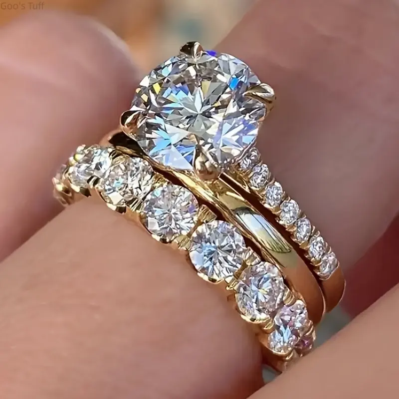Women's 3-Piece Stackable Cubic Zirconia Ring Set, Elegant Inlaid Zircon Bridal Bands, Formal Banquet & Daily Matching Fashion Costume Jewelry