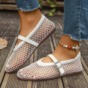 Women High Top Mesh Ballet Flats with Adjustable Buckle Strap Breathable Fishnet Design Stylish Ballerina Mary Jane Shoes