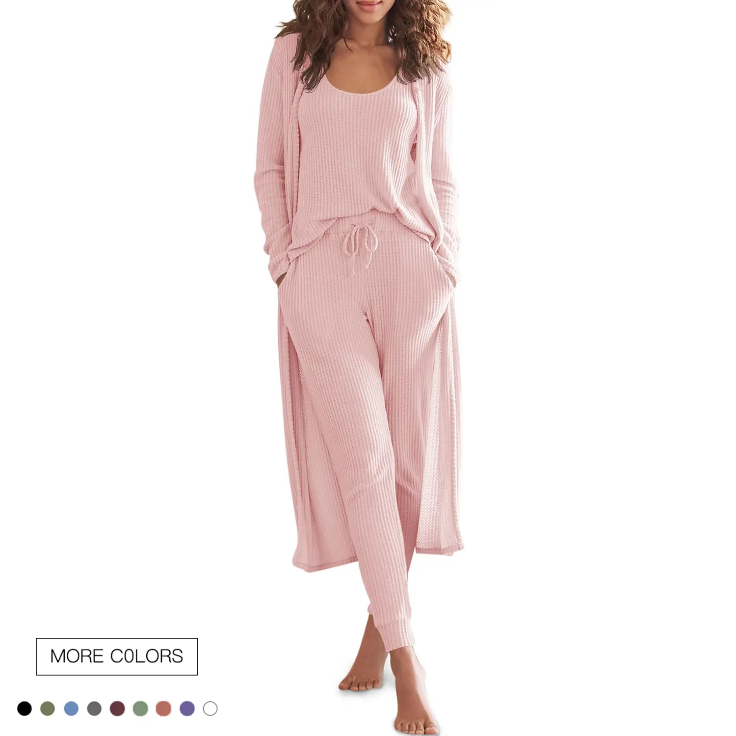 Lady's 3-Piece Loungewear Set, Soft Waffle Knit Fabric Pyjamas, Casual Nightwear Clothes with Cardigan, Tank Top and Loose Pants, Ideal Gift, Relaxed Look, Xl, Cardigan Or Tank