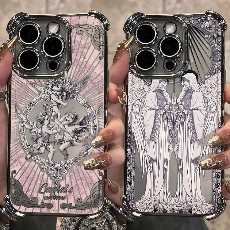 2 Styles Vintage Baroque Cupid Cherub Twin Angel Phone Case Gothic Coquette Dark Romantic Victorian Engraving Art Silver Electroplated Shockproof Bumper Cover For iPhone 18 17 16 15 14 13 12 Samsung Galaxy S26 S25 S24 S23 S22 Trendy Pastel Goth, Accessori