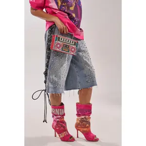 AKIRA GOLD FORMIDABLE PINK MULTI ABSTRACT OPEN TOE BOOTIE