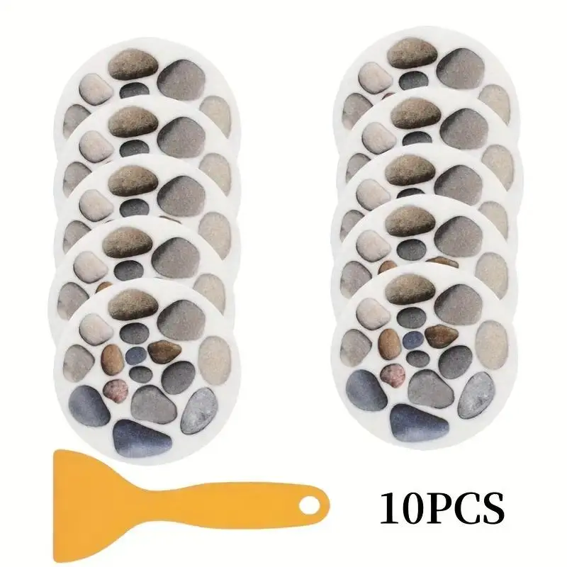 10pcs Eco-Friendly Non-Slip Stone Pattern Adhesive Stickers - Durable, Secure Bathroom Safety Stickers with 2 Scrapers, Ideal for Shower, Bathtub, Kitchen Areas