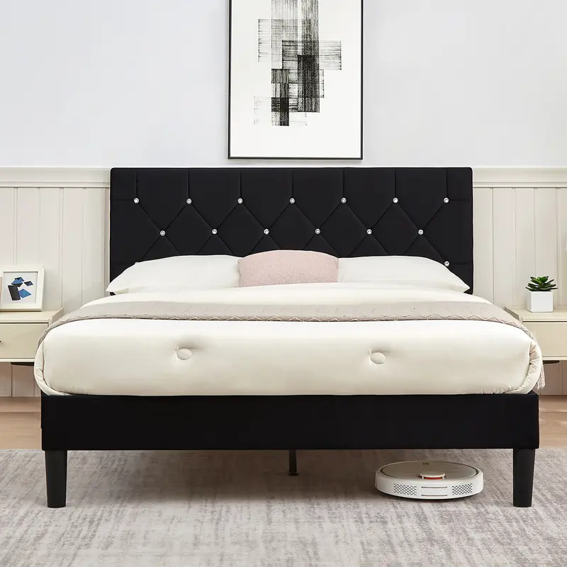 VECELO Wooden Bed Frame (Twin/Full/Queen Sizes) with Button-Tufted Adjustable Diamond Fabric Upholstered Headboard, Solid Wood Slat Support, Sturdy & Noiseless Modern Design, Easy to Assemble, All Parts in 1 Box, Ideal for Guest Room
