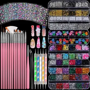 FANDAMEI Nail Art Brushes, Nail Art Kit with 15 Pcs Nail Art Brush, 5 Pcs Dotting Tools, 6 Box Nail Charms and Gems, 10 Sheet Flower Nail Stickers, Complete Nail Decoration Art with Nail Art Brushes
