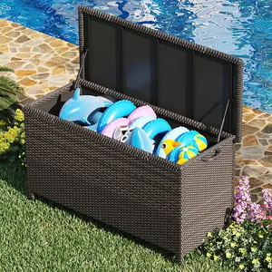 125 Gallon Large Deck Box Waterproof PE Rattan Outdoor Storage Box with Handles and Wheels, Storage Bin for Garden, Balcony, Porch, Pool, Yard,Brown