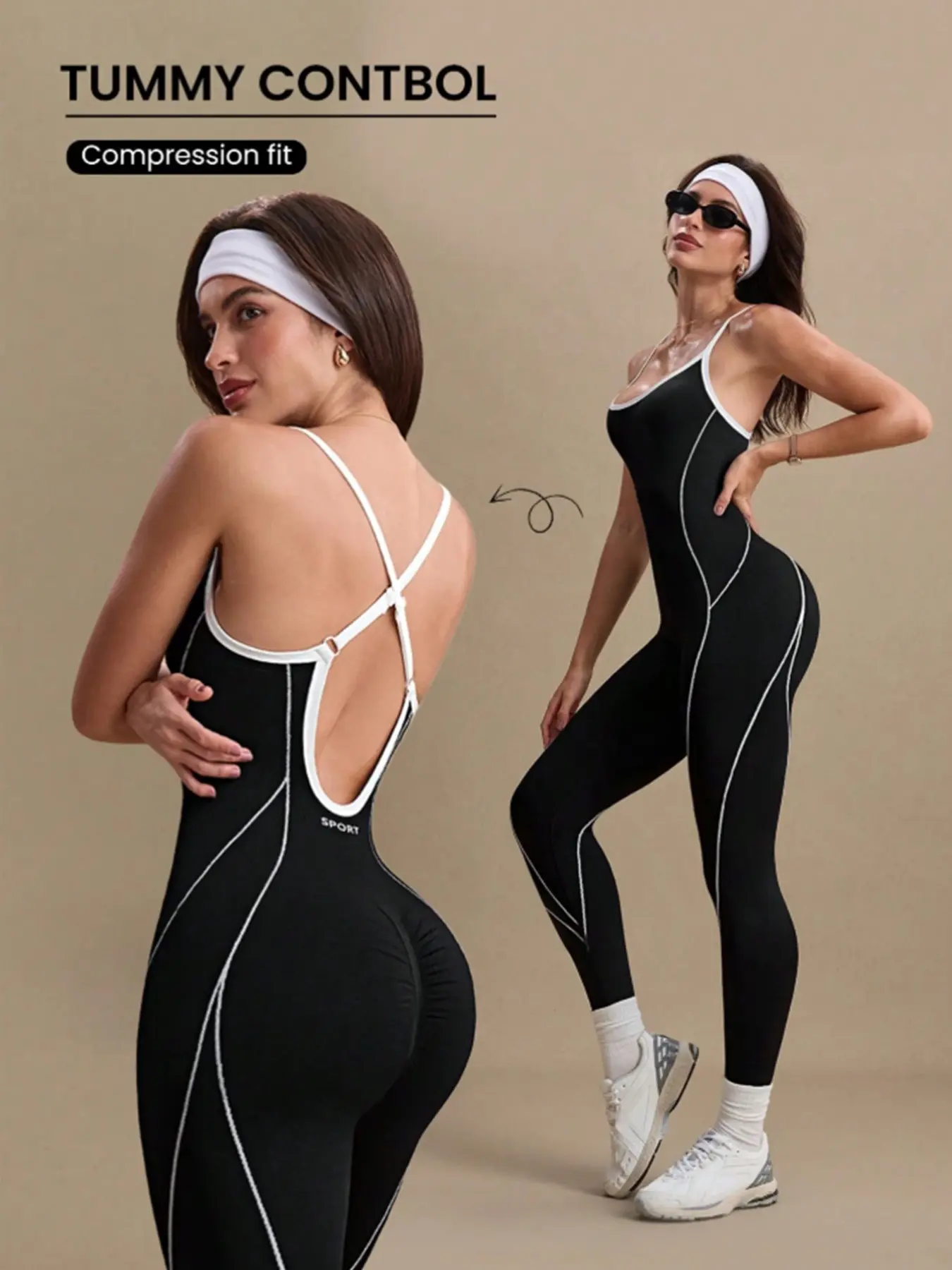 Women's Spring Summer Colorblock U-Neck Cross Adjustable Straps High Elastic Yoga Jumpsuit, Casual Fashion, All Seasons Comfortable Sportswear