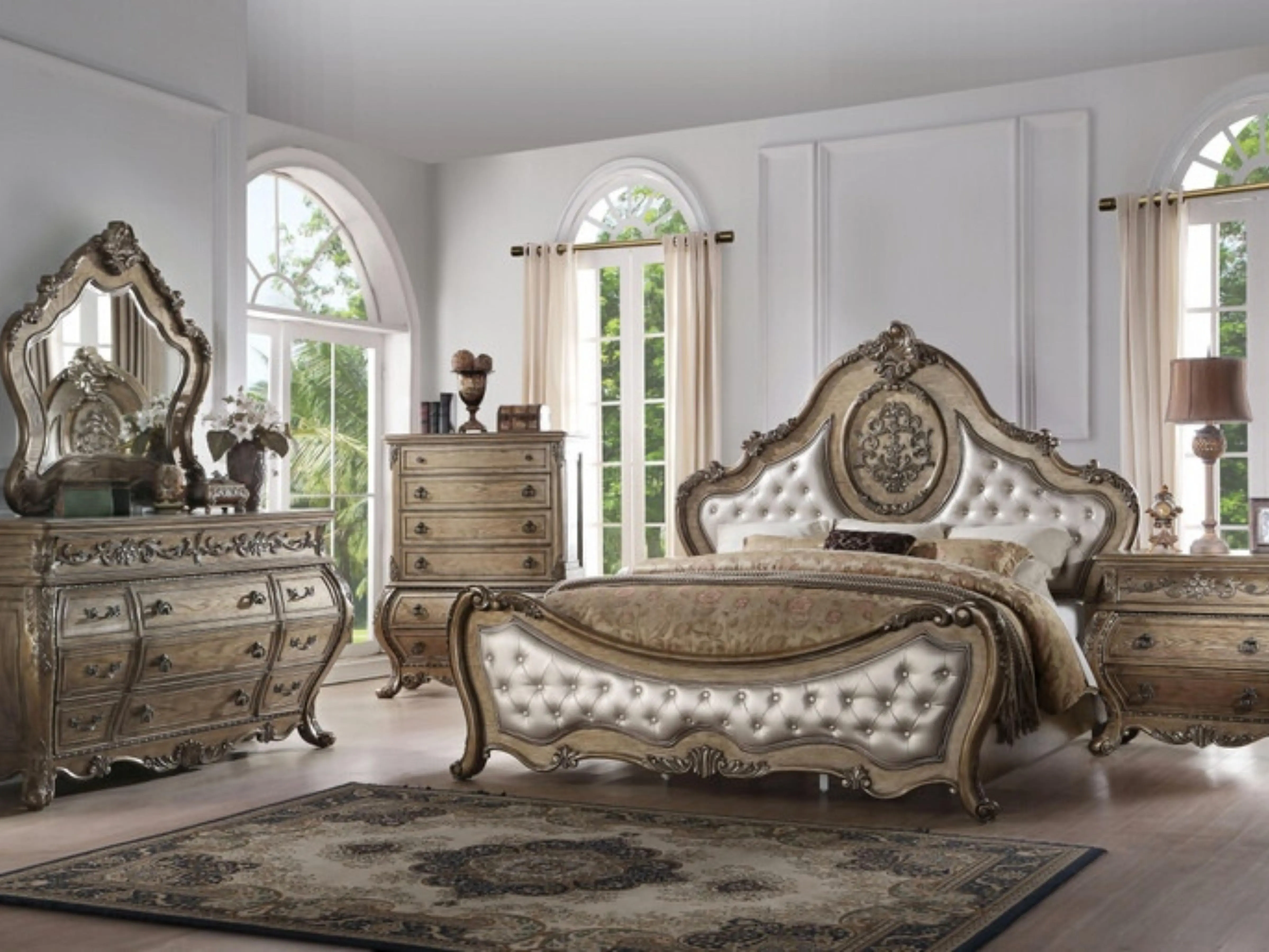 Acme 26310Q 4-Pc Ragenardus Vintage Oak Finish Wooden Queen Bedroom Set, Bedroom Set Furniture, Decorative Carvings, Tufted Accents, Wooden Dresser Component, Wooden Dresser Set