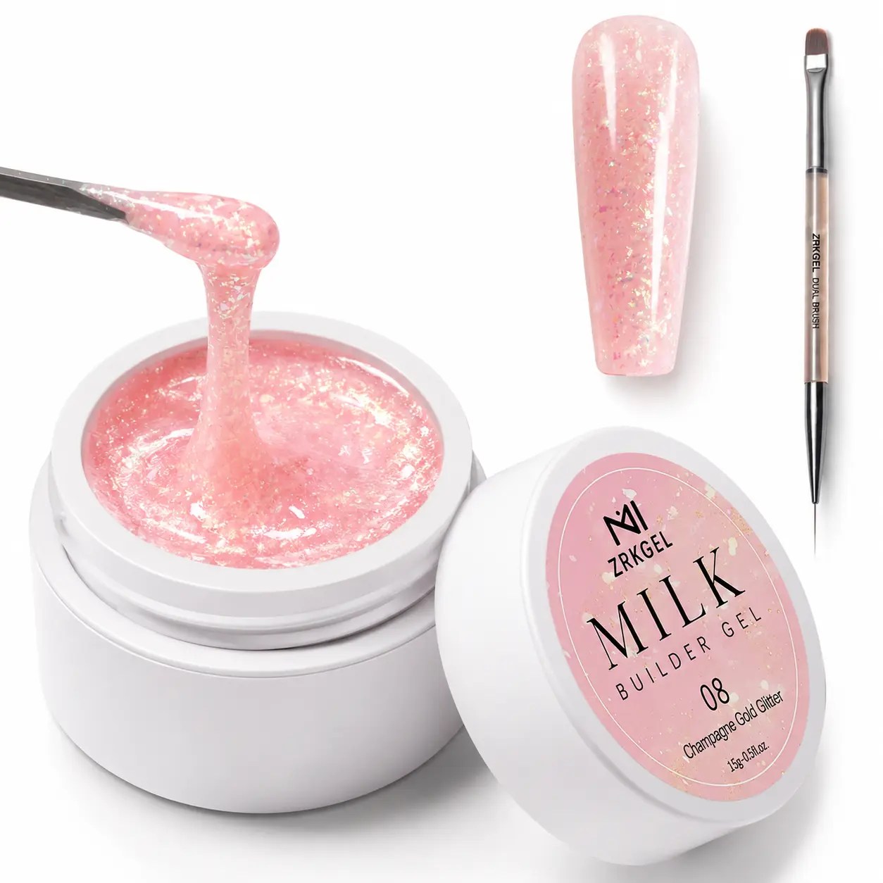 ZRKGEL BIAB Builder Gel, Milky White HEMA-Free Formula for Strong Nail Extensions & Smooth Overlays, Self-Leveling for At-Home Nail Care, 15g, Manicure, Uv, Durable