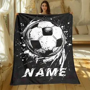 Personalized Football Blanket - Custom Name/Text, Black & White Soccer Ball Design, Soft Flannel Fabric, Lightweight All-Season Bedding for Home, Travel, Camping, Office - Gift for Soccer Fans