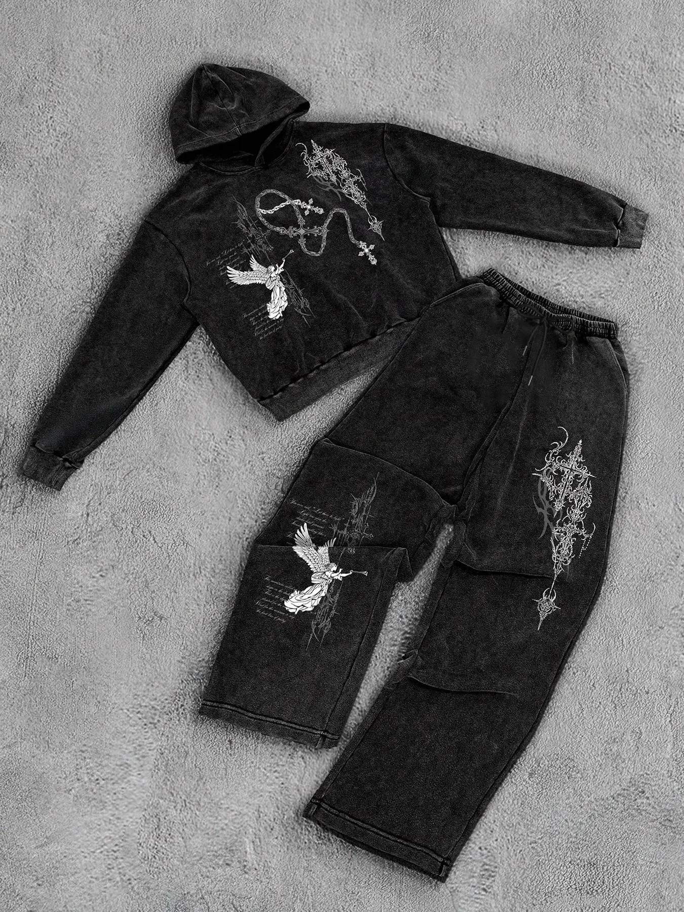 2-Piece Y2K Acid Wash Tracksuit Set | Gothic Cross & Angel Graphic Print Cropped Hoodie | Baggy Wide Leg Sweatpants | Vintage Charcoal Grunge Athletic Streetwear Full Fit for Men & Women | Athleisure Tracksuit Outfit | Casual Athletic Wear