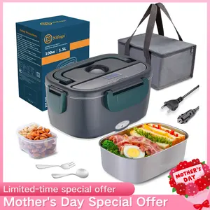Square Electric Lunch Box Nifogo 80W 1.8L Stainless Steel Portable Heated Food Container Display Screen 12V 24V 110V Car Truck Black