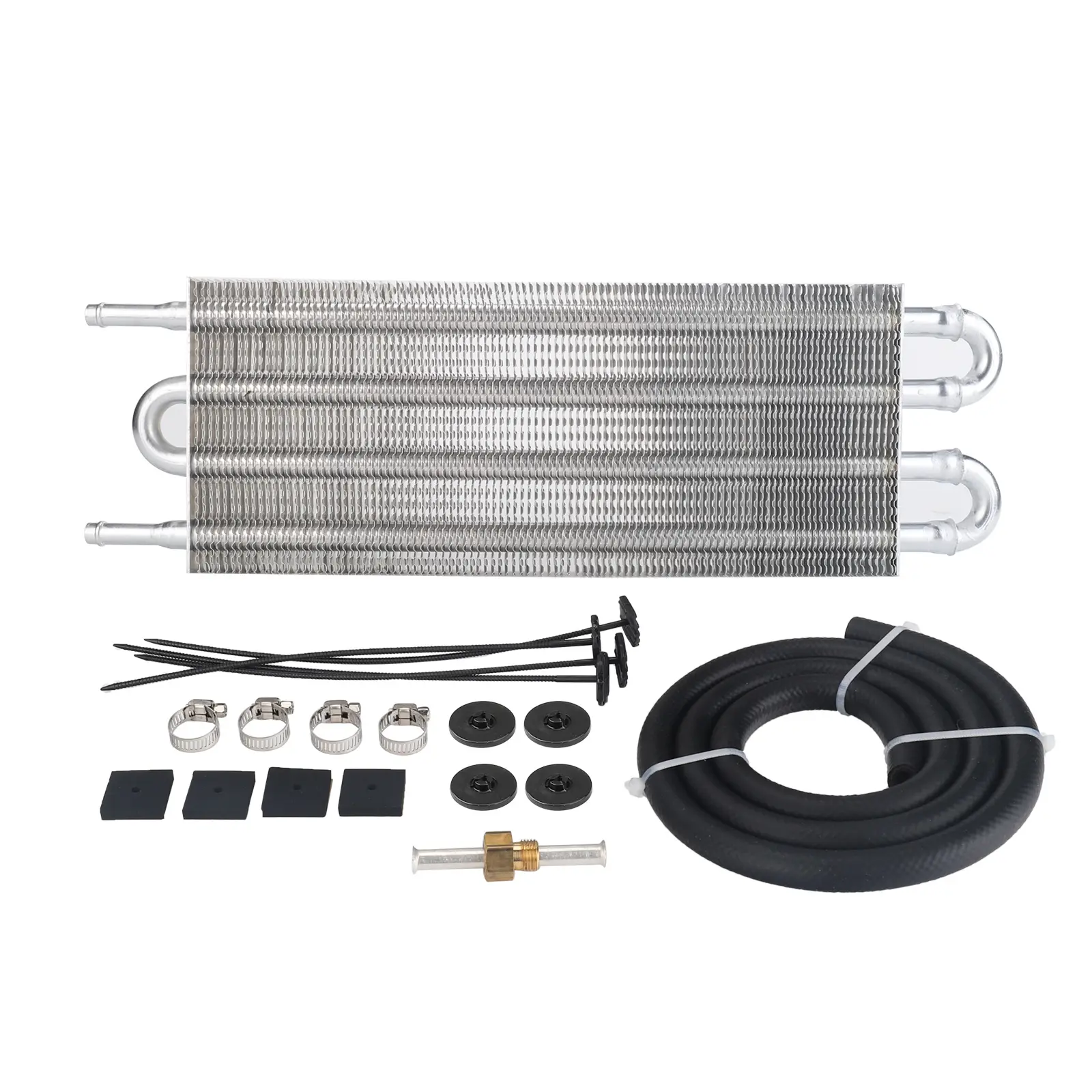 3mirrors Universal 4-Row 402 Aluminum Transmission Oil Cooler Kit (3/4x5x15-7/8in, 5/16in Tube), 1 Silicone Tube, Towing-Compatible, W/ All Necessary Hardware, Improves Cooling, Increases Oil Capacity, Extends Longer Service Life, Cooling Boost, 1 X Silic