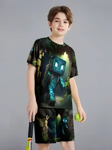 Minecraft Theme Clothing Set, Creeper Character Printed T-Shirt & Shorts, Boys Summer Casual Game Cartoon, 5-14 Years