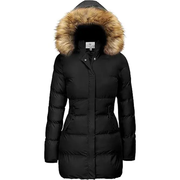 Women's Thickened Waterproof Fleece Winter Puffer Coat, Long Sleeve Warm Outerwear with Detachable Hood, Zipper Closure, Ribbed Cuffs, Functional Pockets, Water Proof, Soft