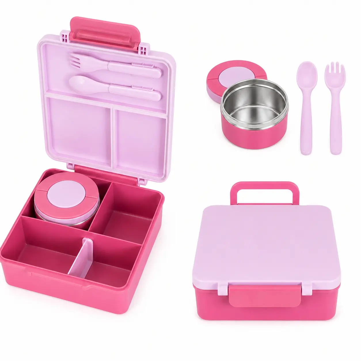 [Back to School] Bento Lunch Box with Soup Cup, Leakproof Lunch Food Containers with 4 Compartment, Thermo Insulated Hot Food Jar for School, Travel, Work and Outside