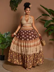 Plus Size Women's Fitted Vacation Print Set, V Neck Tie Top & Ruffle Hem Skirt, Casual Summer, Two-Piece Dressy Ensemble Aesthetic