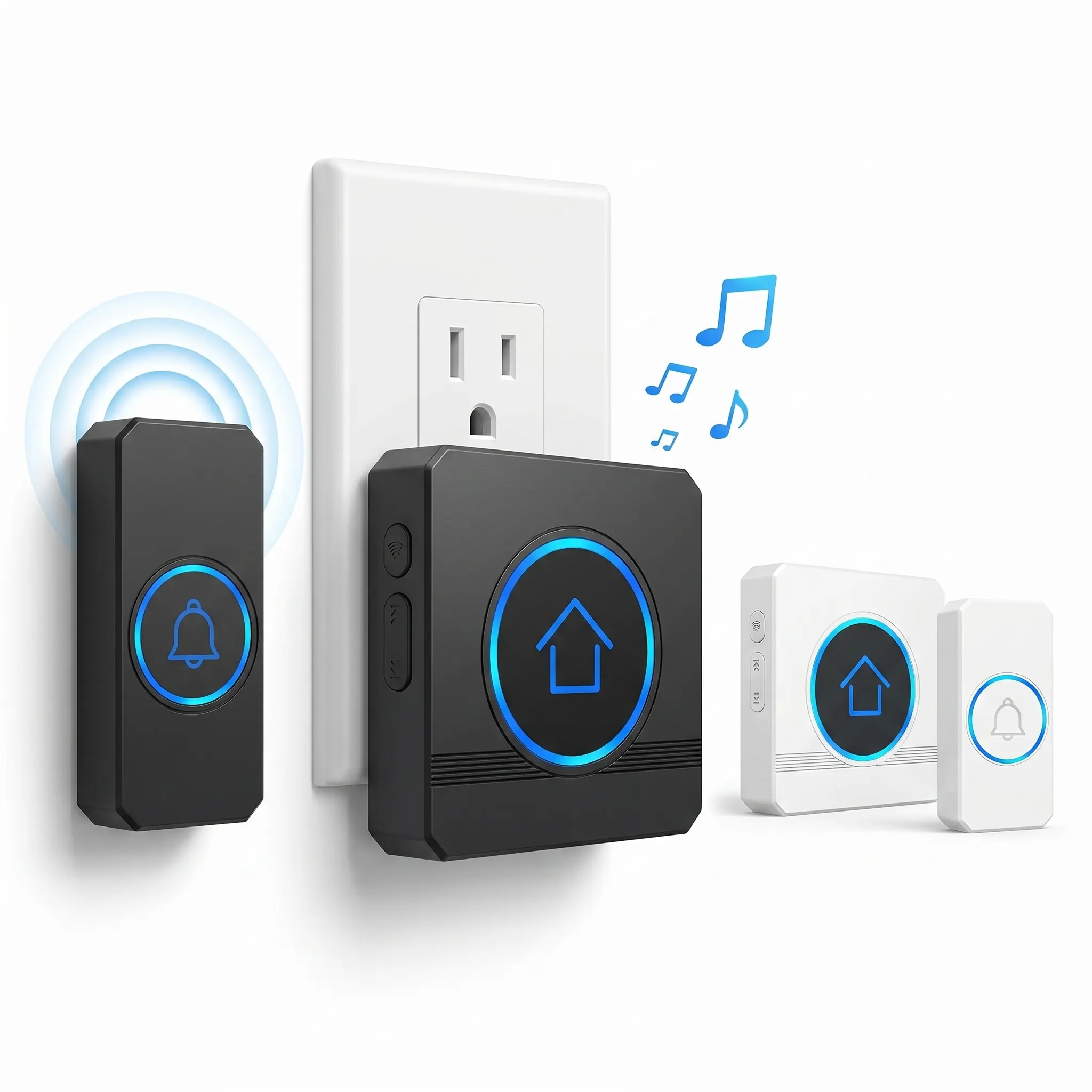 Wireless Doorbell Chime with LED Flash & Memory, 60 Ringtones, 5 Levels (0-110dB), 300m/984 ft Range, IP55 Waterproof, Easy Install, for Home Office Warehouse, White/Black