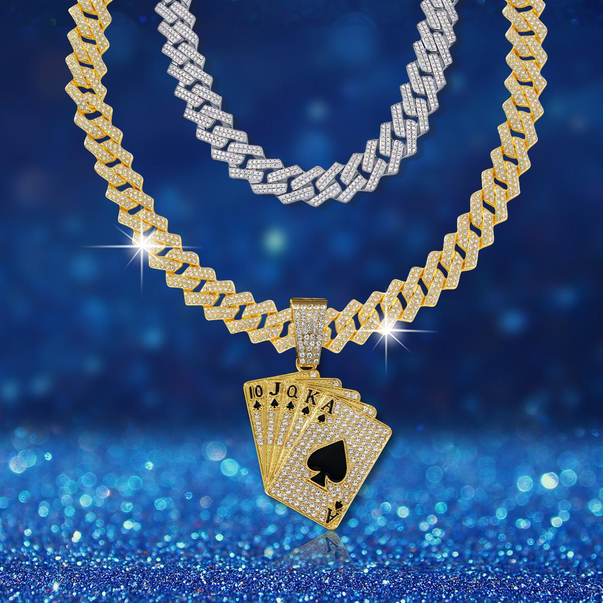 Miami Cuban Link Chain with Royal Flush Playing Card Pendant Inch Silver Zinc Alloy Hip Hop Necklace Lucky Charm Jewelry for Men Women