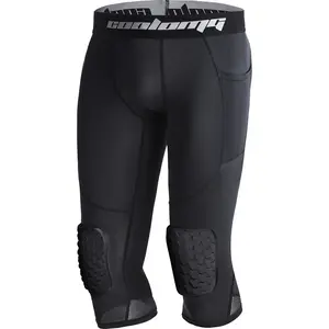 Men's Basketball Leggings with Knee Pads Capri Padded 3/4 Compression Pants Athletic Tights with Side Pockets for Basketball Sports Workout