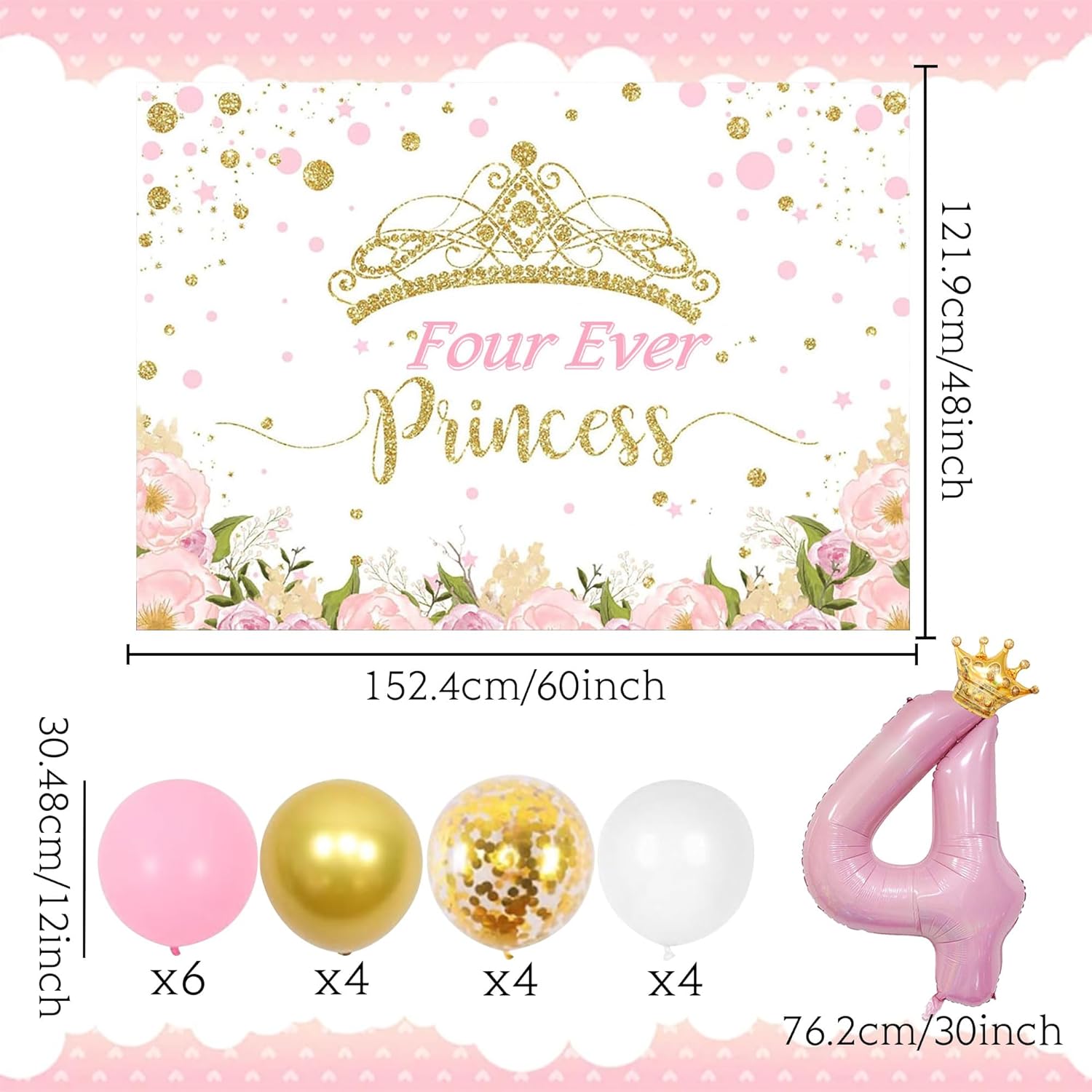 LaVenty Four Ever a Princess Birthday Decorations Pink Gold Princess Castles Balloon Garland Crown Number 4 Foil Balloons Banner for 4 Years Old Birthday Party Decor Supplies
