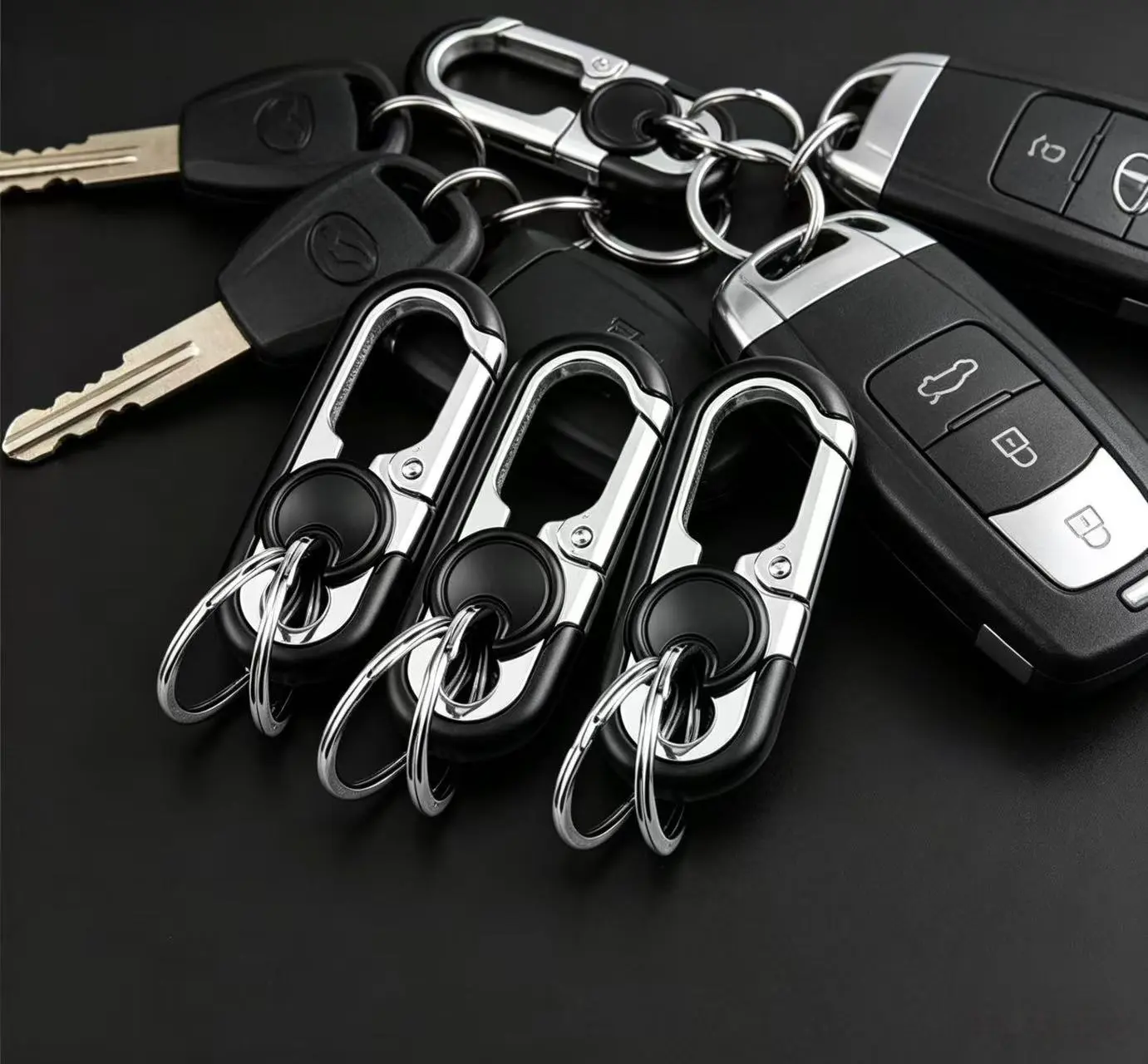 3 multifunctional keychains, metal key organizer, anti lost keyring, durable keychain, portable quick release keychain, daily carry on keychain, sturdy and durable metal keyring