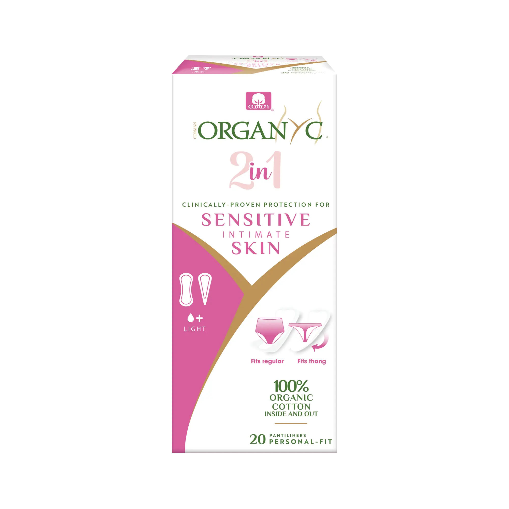Organyc 100% Certified Organic Cotton 2 in 1 Panty Liners for Women Fits Thong or Regular Underwear, Light Flow, 20 Count